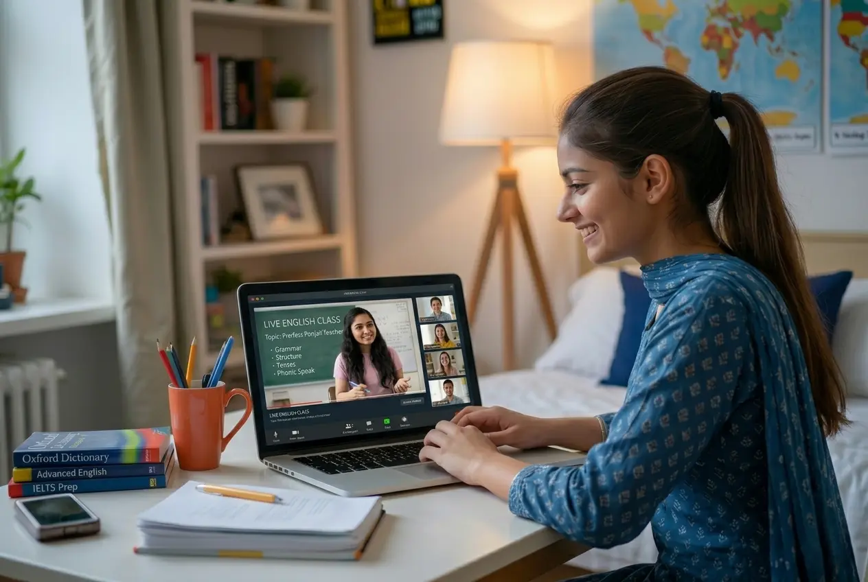 Punjabi student learning English in online live class with teacher